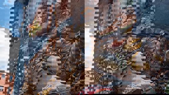 A close-up of mural showing a hand coming down in front of walking boots. The hand is plucking a mushroom from a wildlife scene.