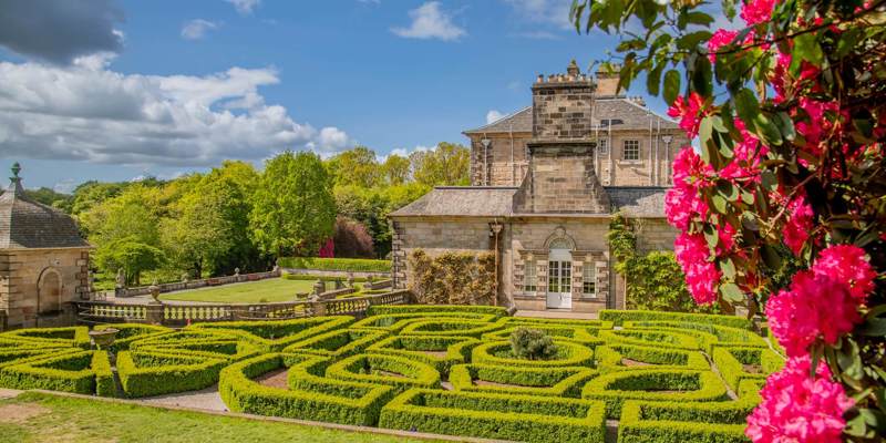 A well-maintained intricate hedge maze, located in front of the Edwardian mansion, Pollok House.
