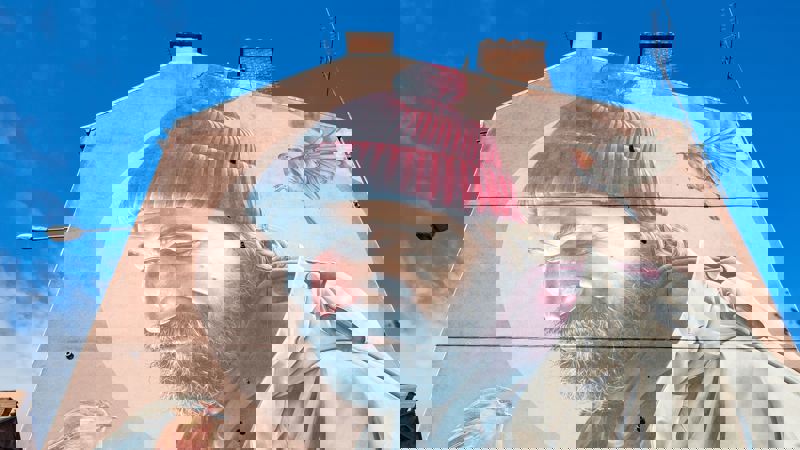 Large mural on a building of a bearded man in a red beanie looking downwards, with two robins.