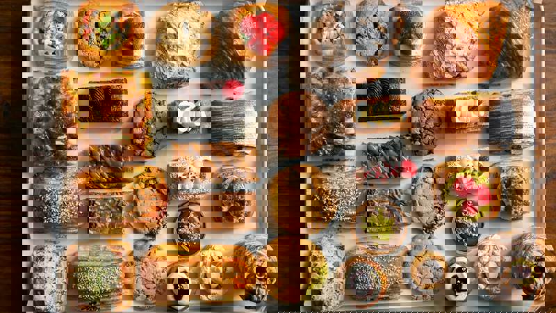 A flat lay of assorted sweet and savoury bakery treats on a tray, including croissants, cookies, brownies, and tarts.