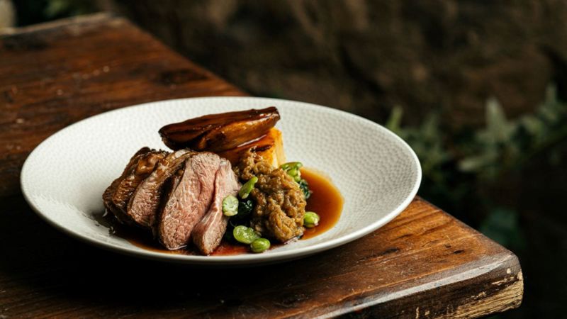 A plate of sliced, medium-rare roast meat (likely venison or lamb) resting on a wooden surface with broad beans and a rich jus.