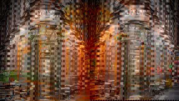 Exterior of The Ben Nevis pub on a corner street, warmly lit with wooden doors, hanging plants, and outdoor seating on the pavement.