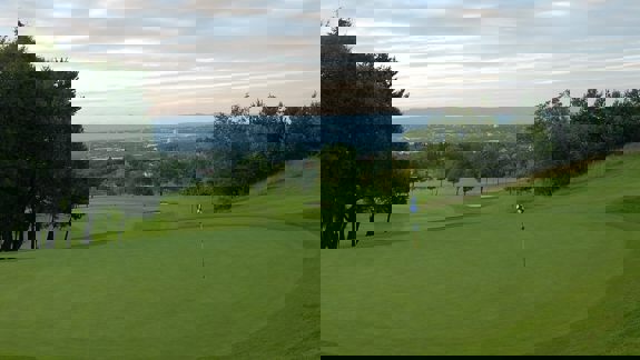 A scenic golf course featuring lush green grass and trees lining the fairways