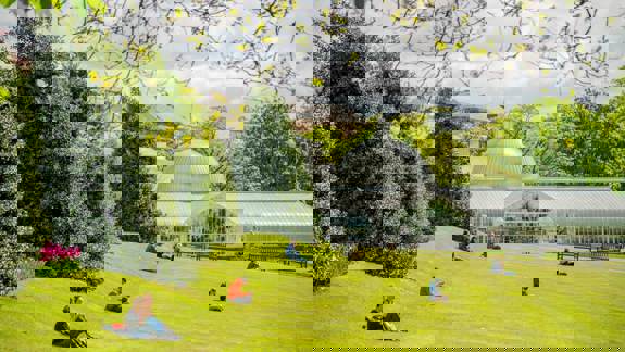 People sitting on a grassy bank in a park, with a glass greenhouse building visible in the background.