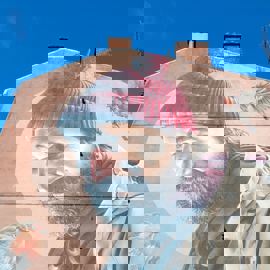 A large, detailed mural of a bearded man in a red hat with a robin on each side of him, painted on the side of a building.