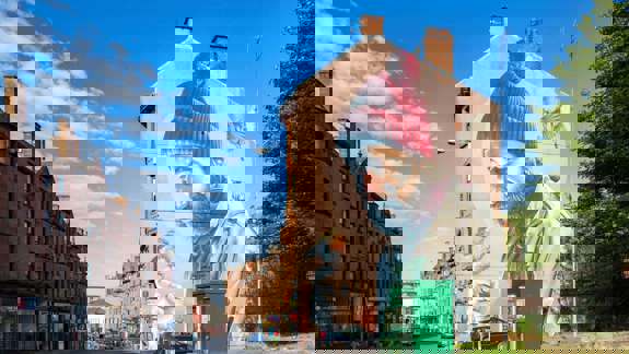 Large street art of a man with a red beanie holding a bird, painted on the side of a building.