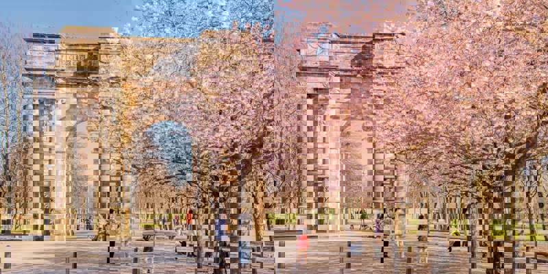 A stone archway surrounded by blooming cherry blossom trees with people walking and taking photos.