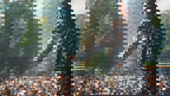 A performer with dark hair and a sequined jacket sings into a microphone on an outdoor stage to a large crowd.