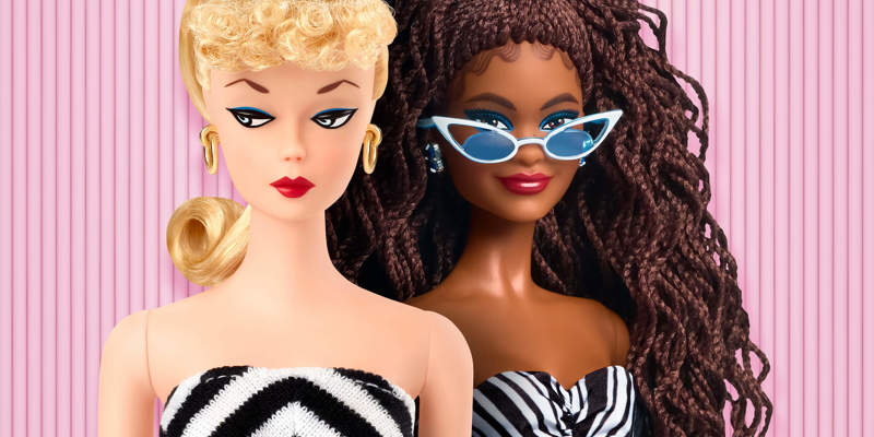 Two close-up Barbie dolls in matching black-and-white striped tops. The doll on the right wears stylish white-framed sunglasses.