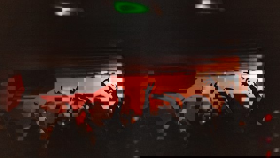 Silhouettes of club-goers with raised arms dancing in the Sub Club, lit by red stage lights and low ceilings.