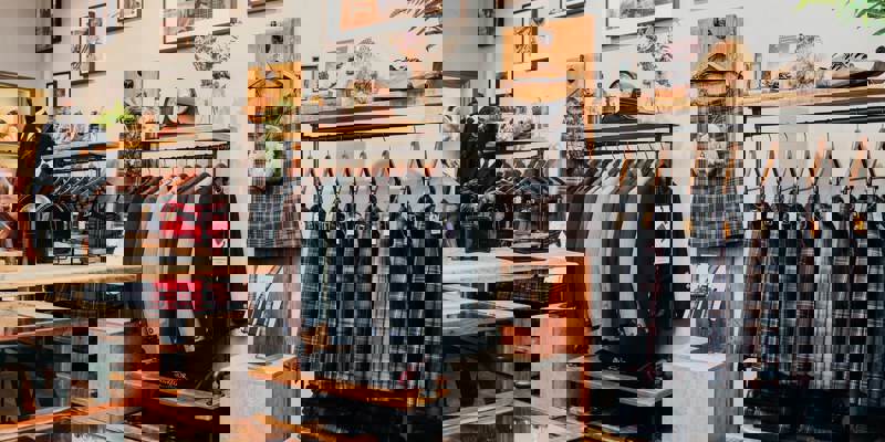 The interior of a Scottish clothing store displaying kilts, jackets, and other traditional attire on racks and mannequins.