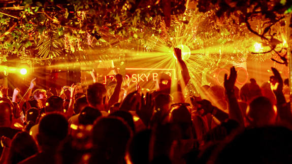 Crowd dancing under golden lights with disco ball reflections and lush greenery overhead at a vibrant indoor party.