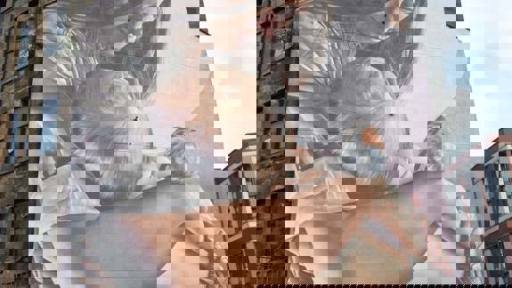 A large mural on the side of a building depicts a woman holding a baby close, with a small robin perched on the baby's arm.