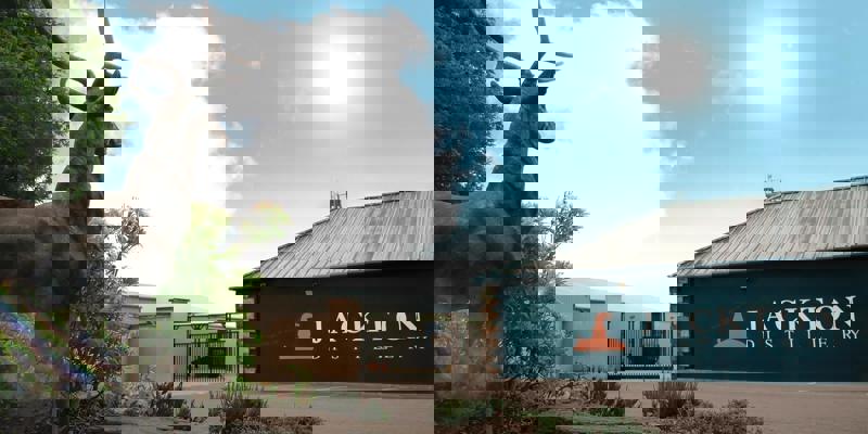 A stag statue in the foreground overlooks the Jackton Distillery building, featuring its logo, under a bright, sunny, blue sky.