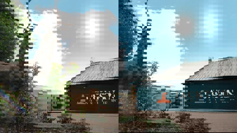 A stag statue in the foreground overlooks the Jackton Distillery building, featuring its logo, under a bright, sunny, blue sky.