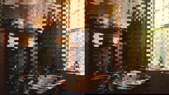 A dimly lit kitchen from the early 20th century. A large cast-iron range stands against one wall, and laundry hangs to dry above a wooden table.