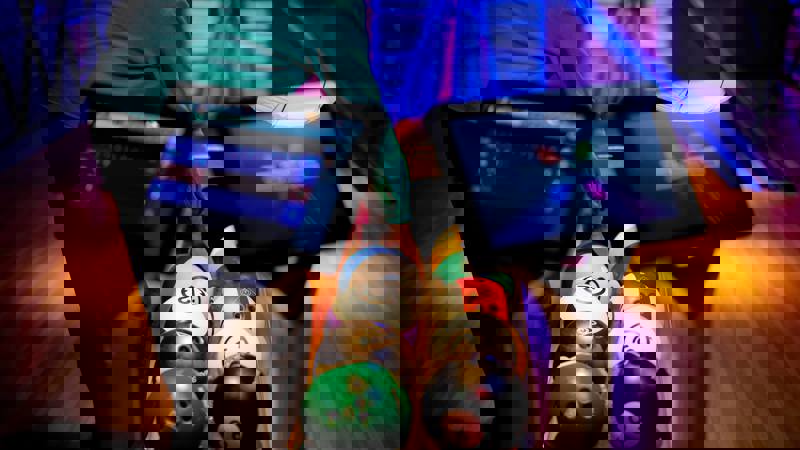 A close-up of a person selecting a bowling ball from a rack.