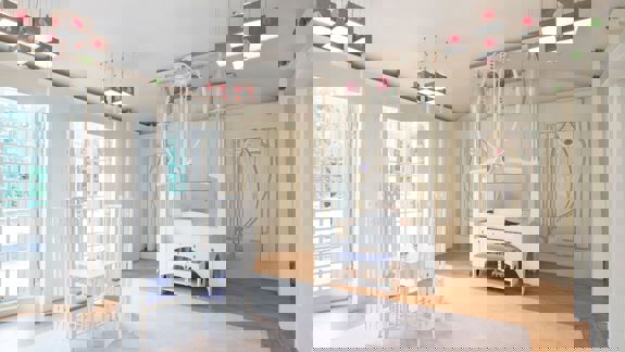 A white-painted room with furniture and light fixtures in the Mackintosh style, including a piano and a small dining table.