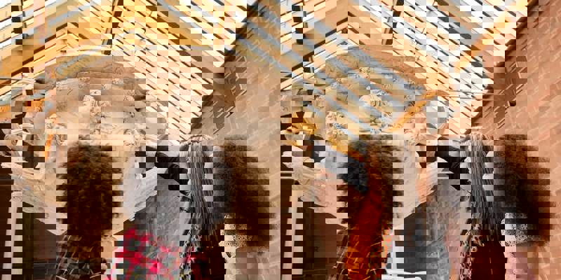 A person pointing to a large stone urn while two children look up at it in a museum.