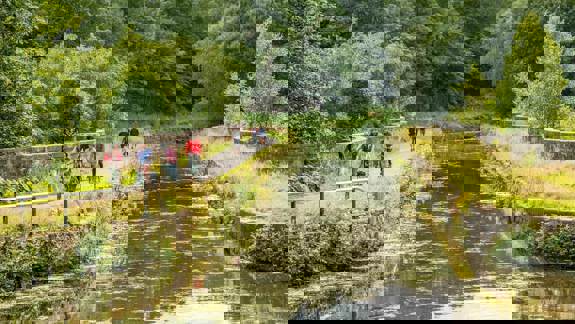 A group of people cycling and walking on a path next to a canal with green trees and foliage on either side.