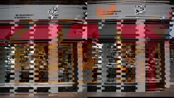 Exterior of Eusebi Deli with red awnings and visible diners inside.