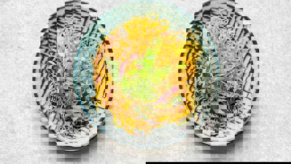 An overhead shot of a mound of yellow noodles topped with fresh vegetables, sprouts, and herbs on a textured blue and white plate.