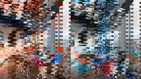  Colorful rooftop bar with city views.