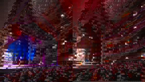 Comedian Ardal O'Hanlon performing on stage at the King's Theatre during the Glasgow International Comedy Festival.