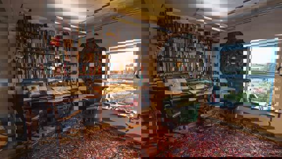 The studio of Alasdair Gray, showing a room with a detailed desk, bookshelves filled with books, a large green armchair, and a window overlooking the city.