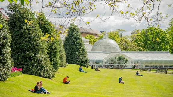 People are relaxing on a sunny, grassy hill in front of the glass Kibble Palace conservatory at the Glasgow Botanic Gardens.