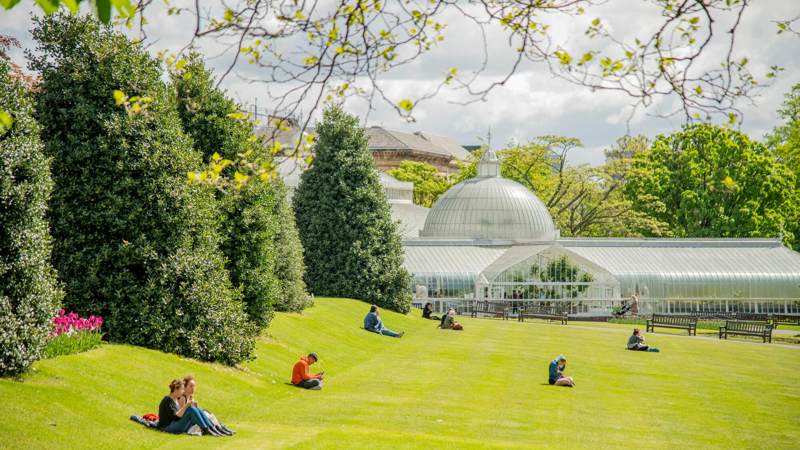 People are relaxing on a sunny, grassy hill in front of the glass Kibble Palace conservatory at the Glasgow Botanic Gardens.